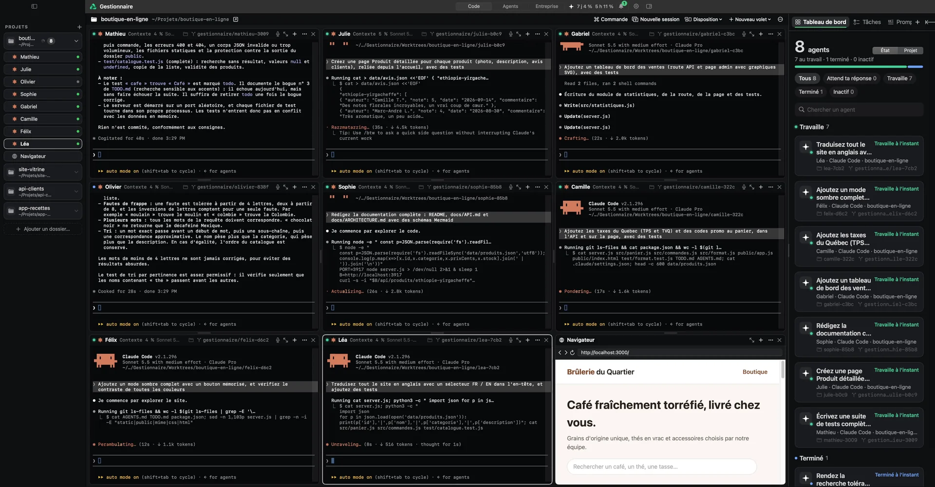 Capture de Gestionnaire en mode Code : 8 agents Claude Code sur le même projet, dans une grille de terminaux, avec un navigateur sur un site d’exemple, la liste des projets à gauche et le tableau de bord des agents à droite (7 au travail, 1 terminé).