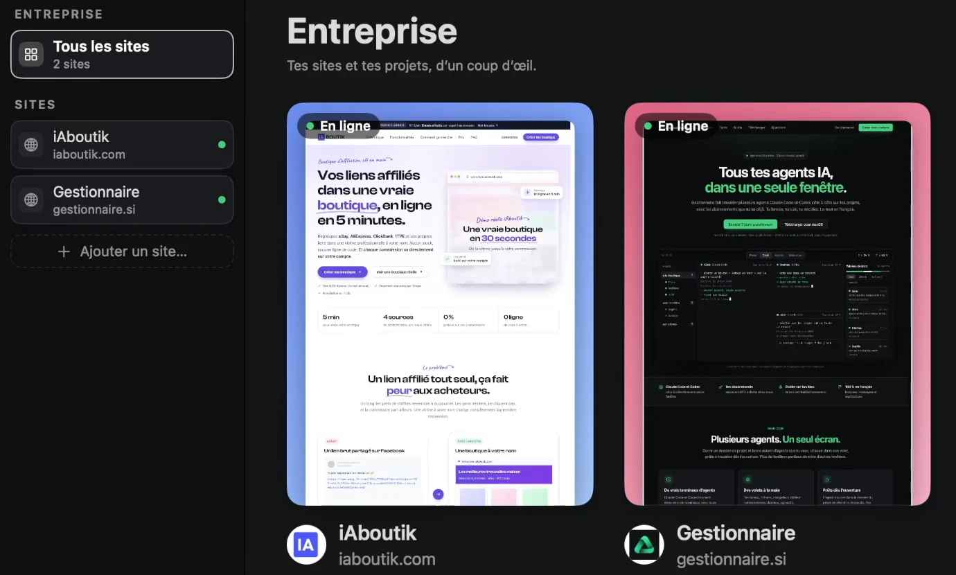 Capture du mode Entreprise : « Tes sites et tes projets, d’un coup d’œil », avec la liste des sites à gauche et, en grille, les cartes des sites iAboutik et Gestionnaire, chacune avec son aperçu et la pastille En ligne.