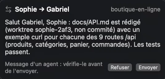Capture de la carte d’un message entre agents : Sophie écrit à Gabriel dans le projet boutique-en-ligne pour dire que la documentation de l’API est rédigée. La carte précise « Message d’un agent : vérifie-le avant de l’envoyer » et propose les boutons Refuser et Envoyer.