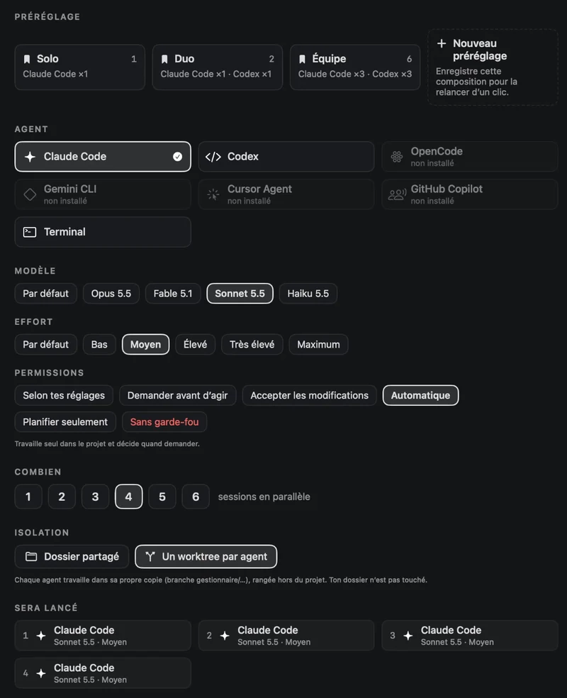 Capture réelle de la page Nouvelle session de Gestionnaire : préréglages Solo, Duo et Équipe, choix de l’agent, du modèle et des permissions, nombre de sessions en parallèle et isolation « Un worktree par agent ». Projet d’exemple.