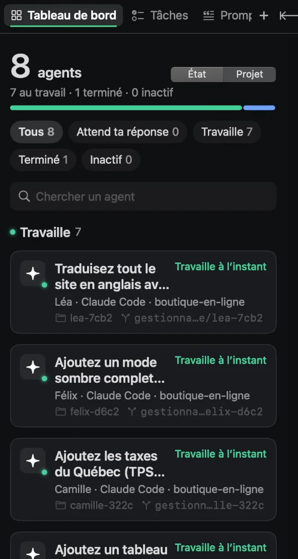 Capture du tableau de bord des agents : 8 agents, dont 7 au travail et 1 terminé, filtres Tous, Attend ta réponse, Travaille, Terminé et Inactif, recherche, puis une carte par agent avec sa demande, son dossier et sa branche.